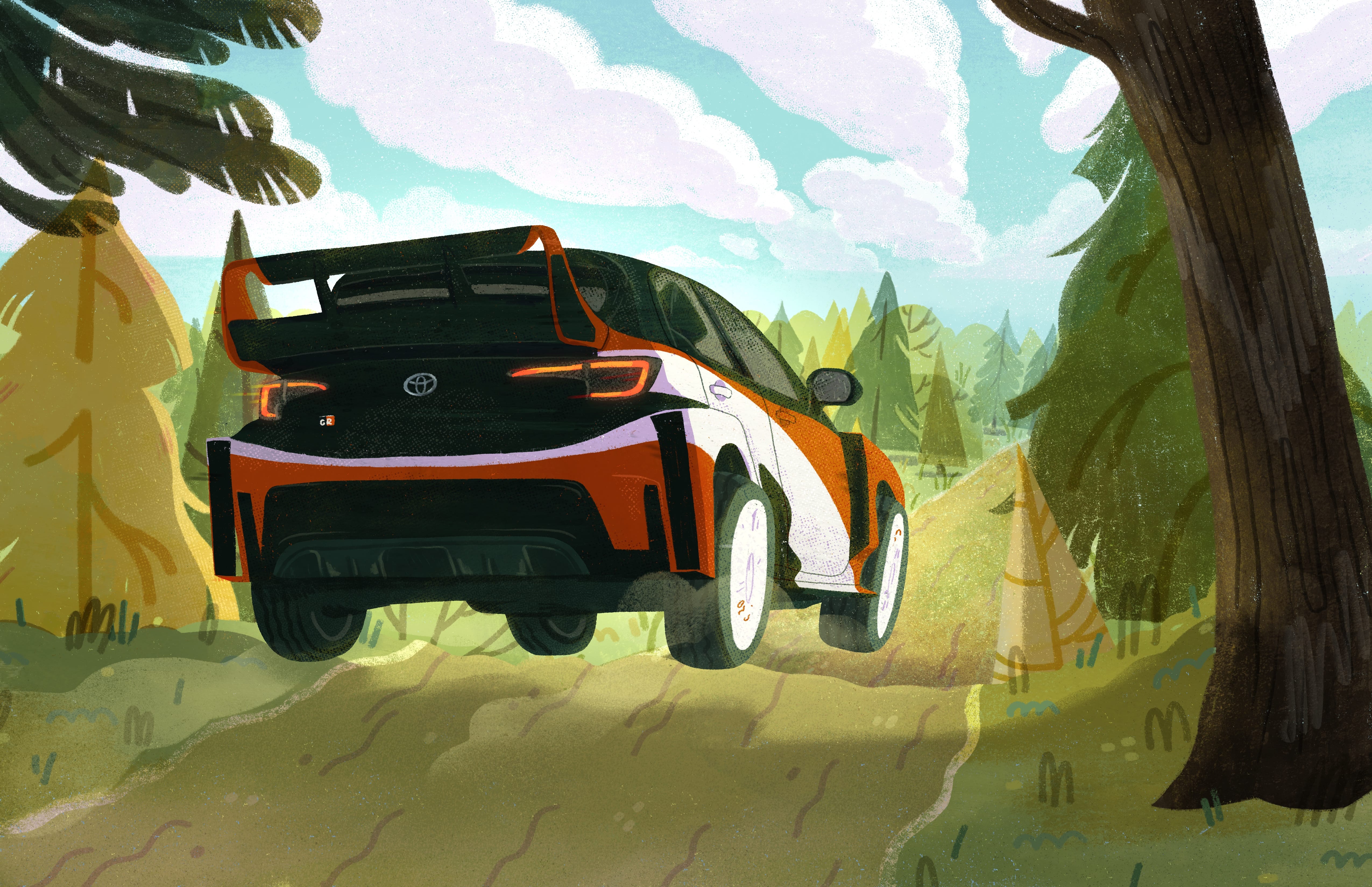 Illustration of rally GR Corolla driving away